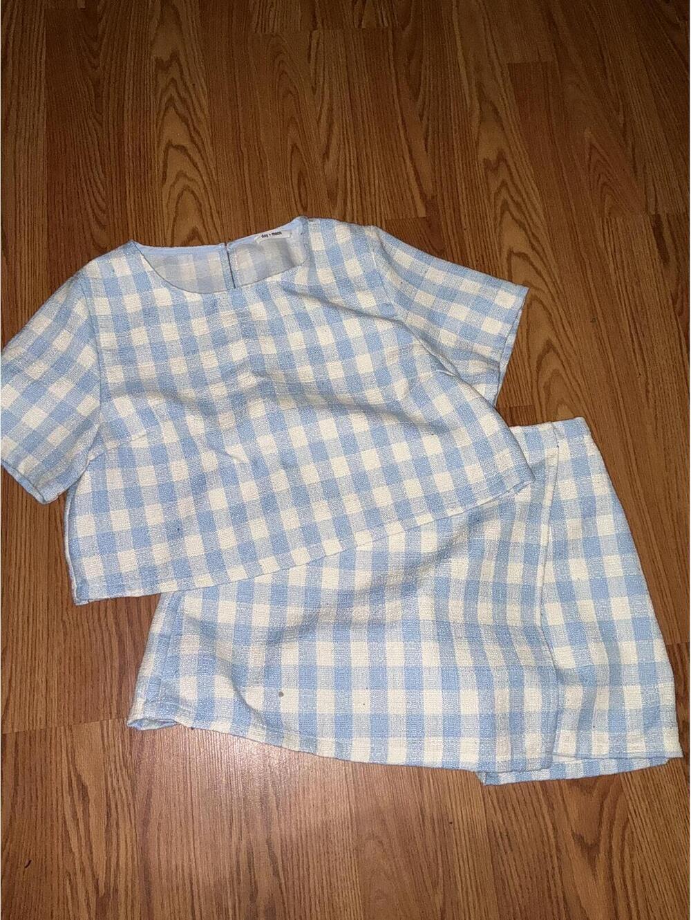 Day + Moon Two-Piece Light Blue and White Gingham Crop Top and Skort Set